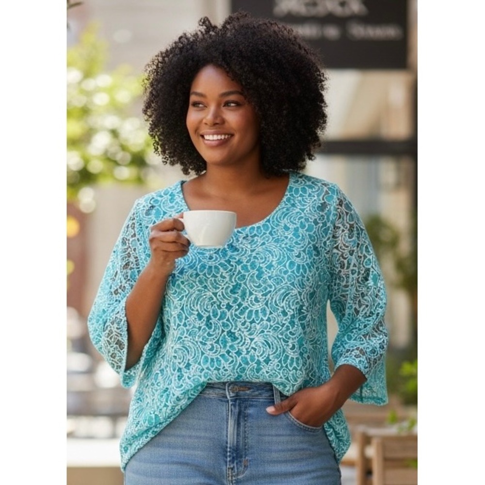 Allison Daley Womens XL Teal Blue White Floral Lace 3/4 Sleeve Blouse Top
